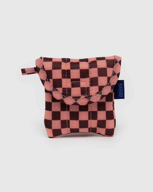 Puffy Earbuds Case - Pink Brown Checks